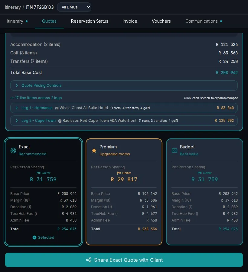 Exact, Premium and Budget quotes side by side
